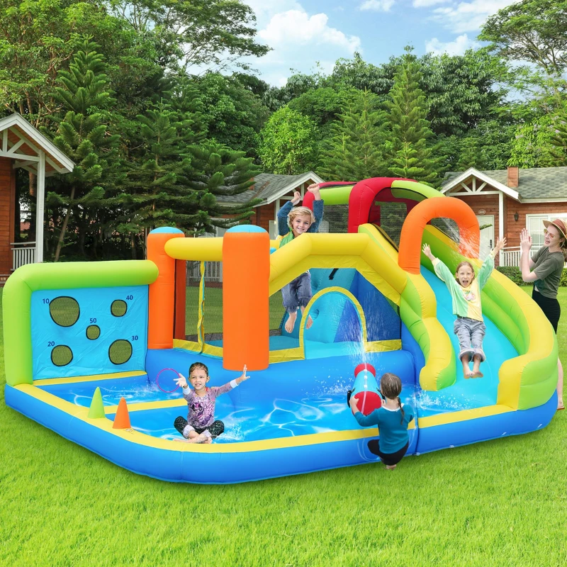 Chateau gonflable avec soufflerie, parc aquatique multifonctionnel et parc de trampolines pour enfants avec toboggan aquatique, panier de basket et mur d'escalade, 410x315x203 cm, Bleu