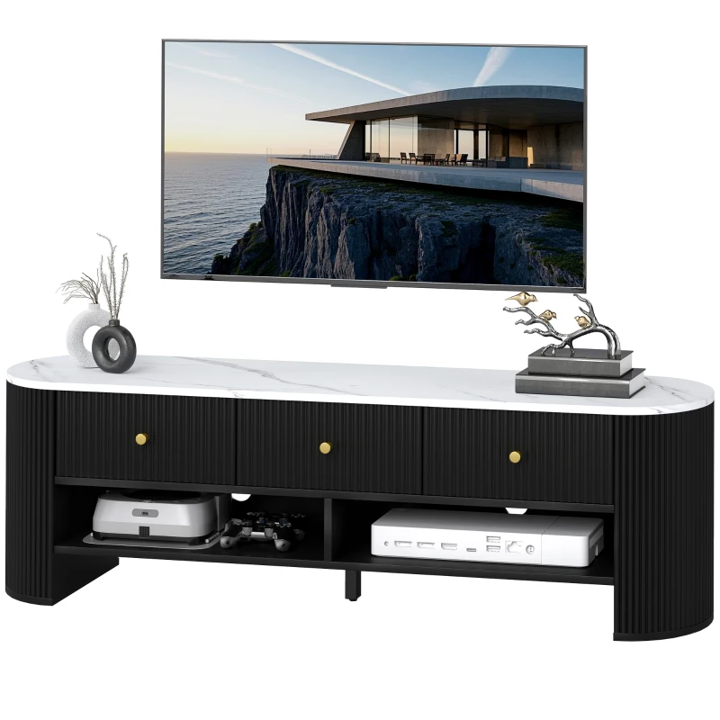 HOMCOM TV-Schrank 140 cm, TV-Rack für 65 Zoll Fernseher mit Marmoreffekt, 3 Schubladen mit gerillten Fronten 2 Regale Schwarz