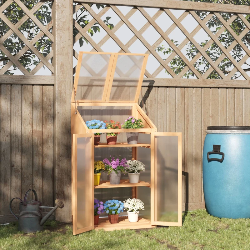 Outsunny Mini-kas, Klein Kas met Houten Frame, Vensters en Dubbele Deur, 3 Planken, 70L x 50B x 120H cm, Bruin(m-10)