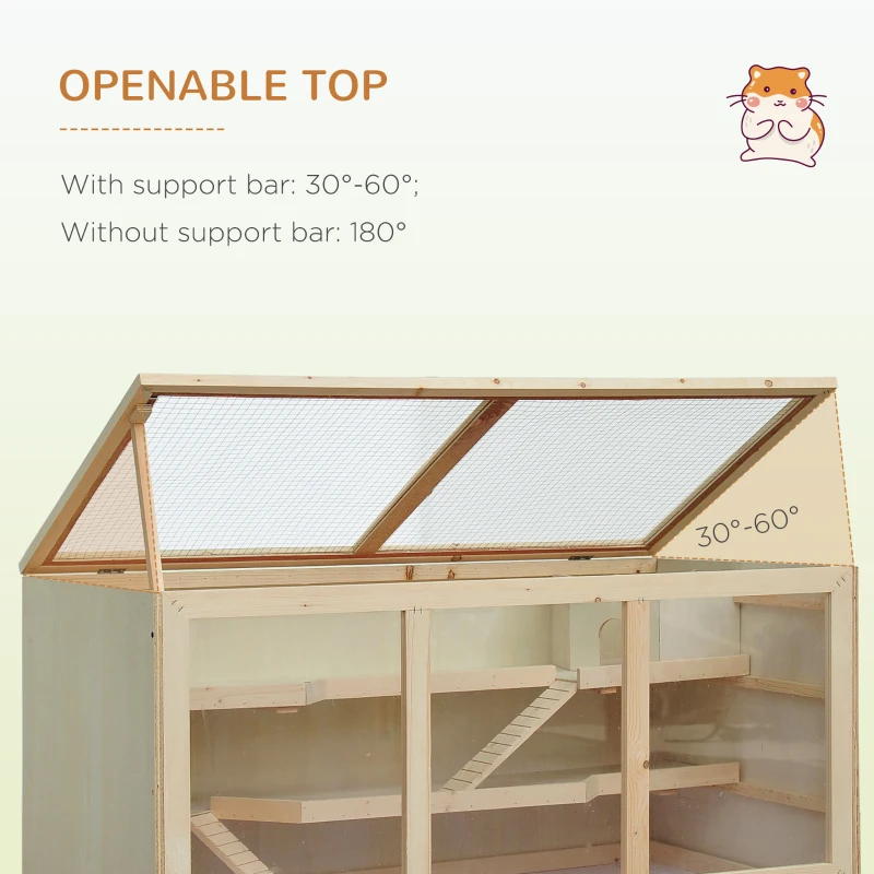 PawHut hamsterkooi, knaagdierenkooi, muizenkooi met trappetjes, drie verdiepingen massief hout PVC naturel(m-5)