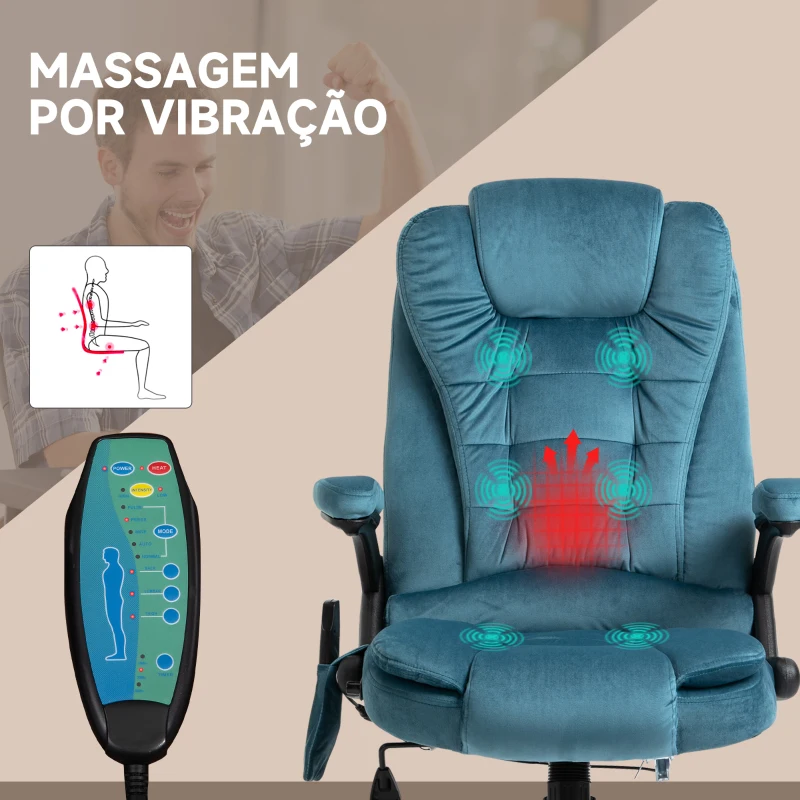 Vinsetto Cadeira de Escritório com 6 Pontos de Massagem Reclinável até 130° com Função de Aquecimento 68x72x110-120 cm Azul