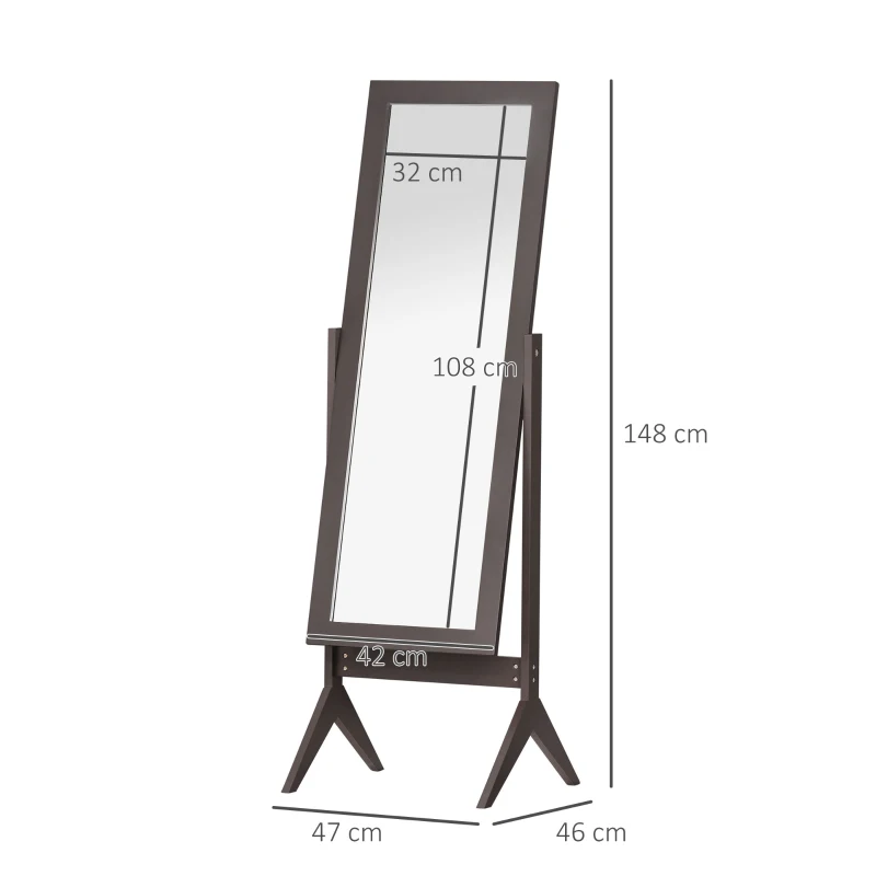 HOMCOM Full Length Mirror, Freestanding Dressing Mirror with Adjustable Angle for Bedroom, 148cm x 47cm, Brown
