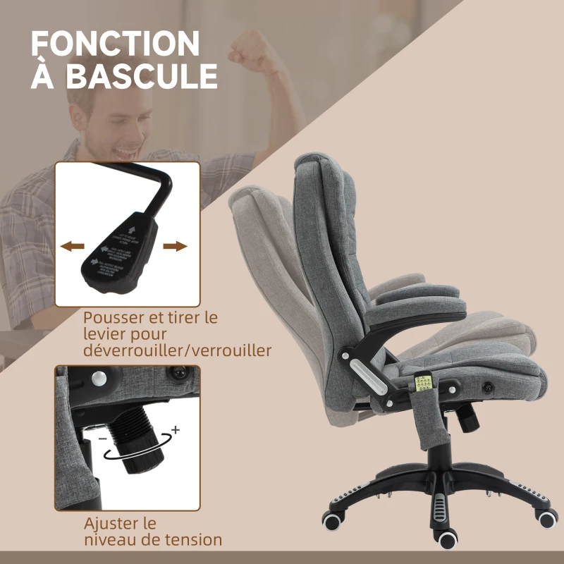Vinsetto Fauteuil de bureau massant et chauffant, chaise de bureau, chaise ergonomique avec hauteur réglable, dossier inclinable et télécommande filaire, pivotant à 360° tissu en polyester gris chiné