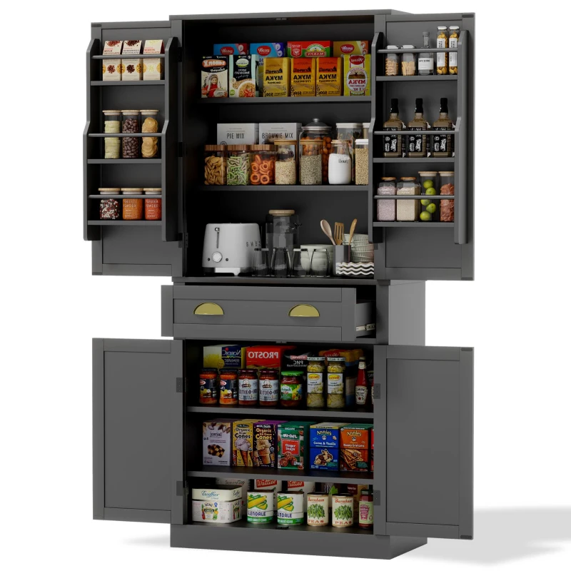 Armoire de rangement moderne, 4 portes et 1 tiroir, 6 compartiments de rangement et 4 étagères réglables, adaptée pour la cuisine, la salle à manger et le salon, 80x40x182 cm, Noir