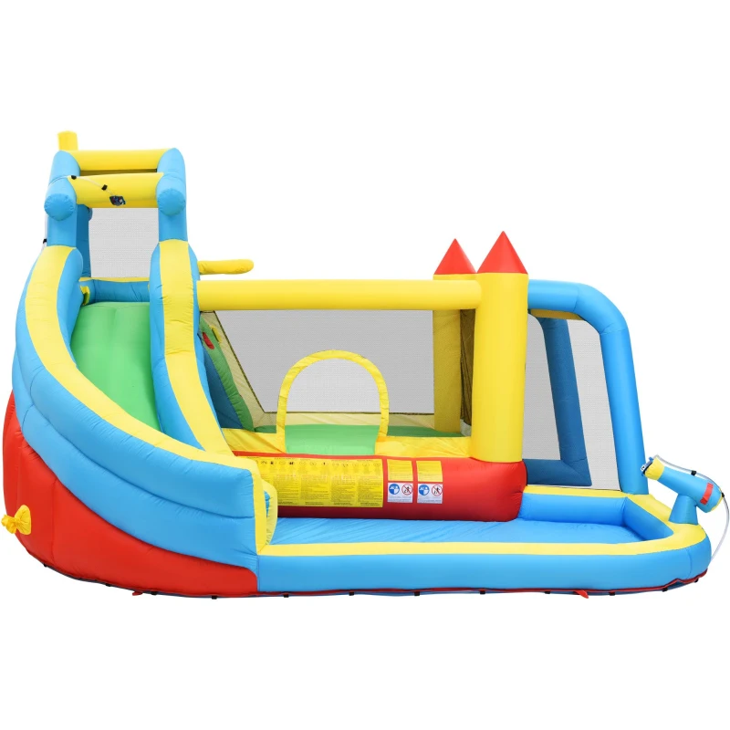 Castillo Hinchable Infantil 5 en 1 con Tobogán, Área de Salto, Piscina de Agua y Red de Fútbol, 364x315x239 cm, Azul