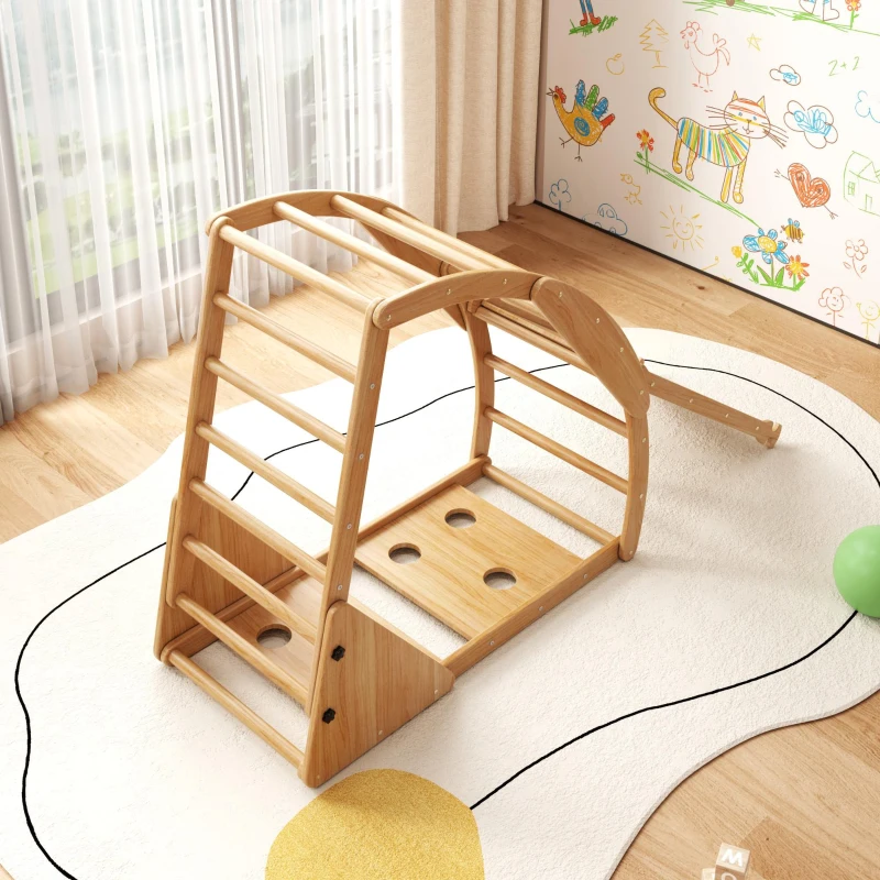 Structure d'escalade multifonctionnelle 8-en-1 en bois, Transformations de formes polyvalentes, avec toboggan, module d'escalade, bateau à bascule et tente, 140x58x142 cm, Couleur naturelle(m-5)