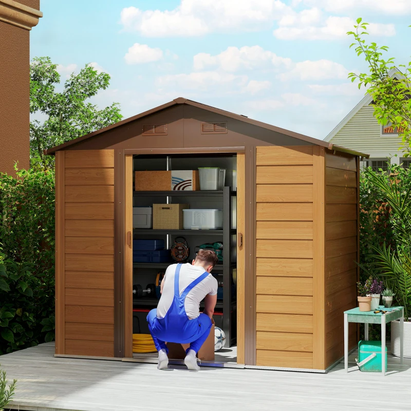 Outsunny 8 x 6ft Metal Garden Shed, House Hut Gardening Tool Storage with Ventilations, Sliding Door, Sloped Roof for Garden, Patio, Brown
