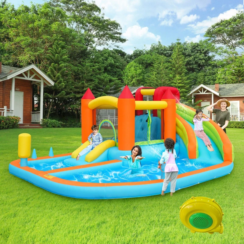 Château gonflable multifonctionnel avec toboggan aquatique, trampoline, panier de basket et pistolet à eau, pour utilisation sèche et humide, 460x343x190 cm, Orange