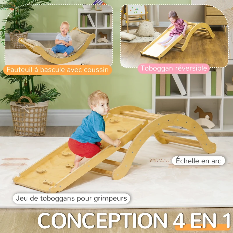 AIYAPLAY 4 en 1 Arche escalade enfants, chaise à bascule, rampe d'escalade double face et coussin, 168x49,5x39,5cm, bois naturel