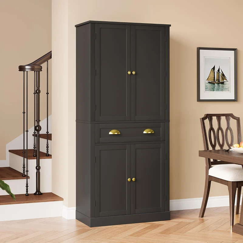 Armoire de rangement moderne, 4 portes et 1 tiroir, 6 compartiments de rangement et 4 étagères réglables, adaptée pour la cuisine, la salle à manger et le salon, 80x40x182 cm, Noir