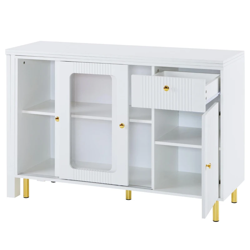 Buffet moderne avec plateau rabattable, surface pivotante, pieds en métal doré et portes coulissantes en verre, 116x40x78,5 cm, Blanc