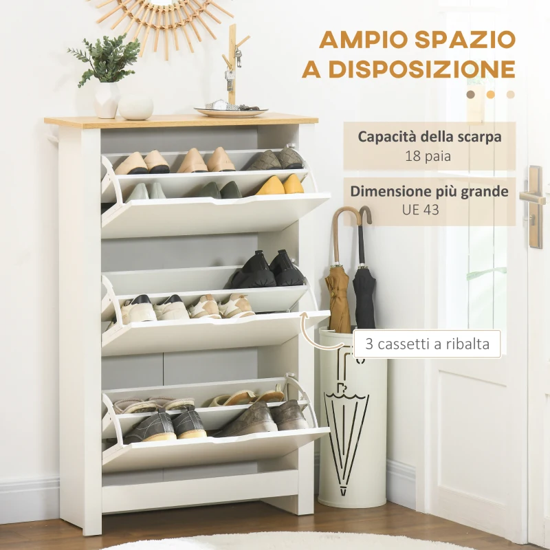 HOMCOM Scarpiera Slim per 18 Paia di Scarpe, 3 Cassetti con 2 Ripiani Regolabili e Rimovibili, 72x26x112 cm, Bianco