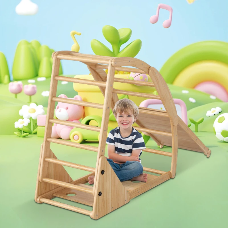 Structure d'escalade multifonctionnelle 8-en-1 en bois, Transformations de formes polyvalentes, avec toboggan, module d'escalade, bateau à bascule et tente, 140x58x142 cm, Couleur naturelle(m-7)