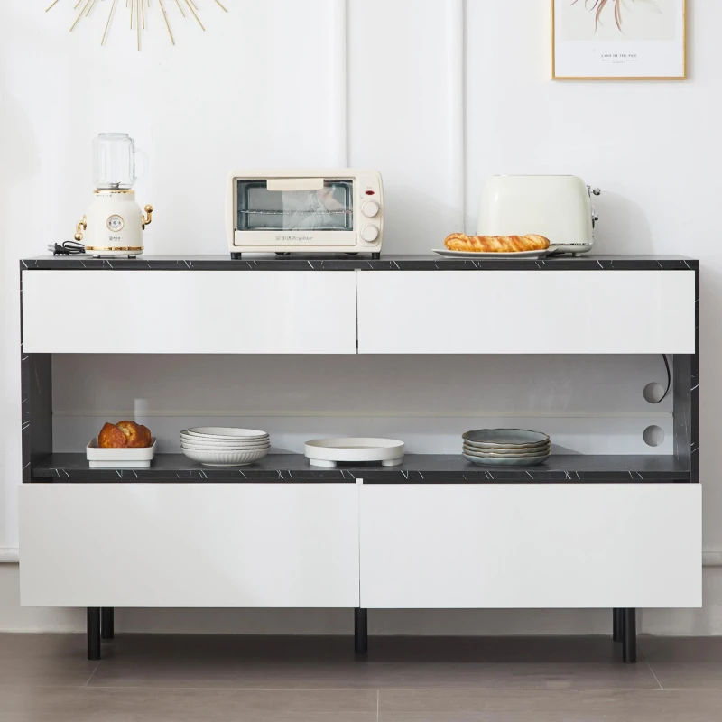Buffet au design marbre noir avec espace de rangement ouvert, 4 tiroirs et éclairage LED, 150x35x89,5 cm, Blanc＋Noir