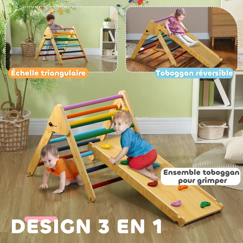 AIYAPLAY Triangle escalade enfants 3 en 1, rampe double-face pour grimper et glisser, charge 50 kg, 147x64,5x63cm, multicolore