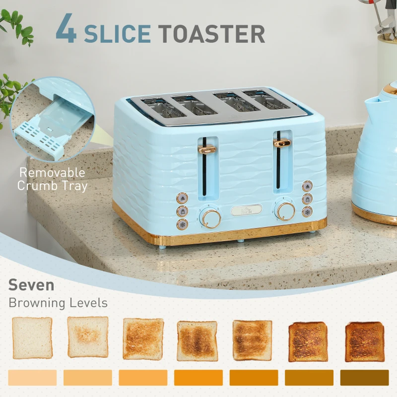 HOMCOM 3000W 1.7L Kettle & 4 Slice Toaster, Kettle and Toaster Set with 7 Browning Controls and Crumb Tray, Light Blue