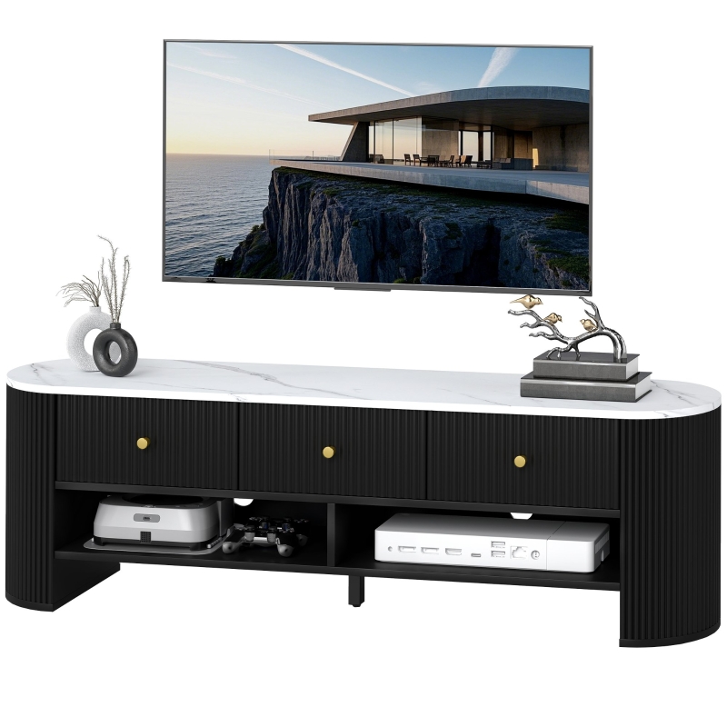 Meuble TV HOMCOM 152 Cm Blanc - 3 Tiroirs + 3 étagères, Pour Téléviseurs Jusqu'à 65 Pouces, Design Moderne