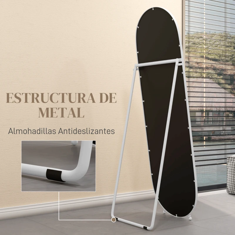 HOMCOM Espejo de Pie Cuerpo Entero con Marco Metálico Espejo de Pared Ovalado con 2 Formas de Uso 40x4x160 cm Blanco