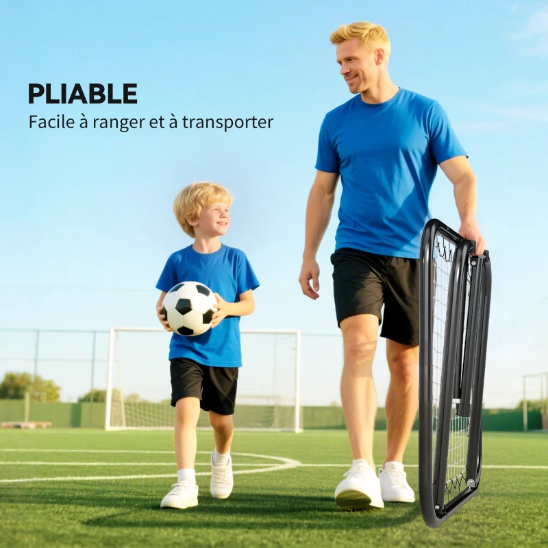 HOMCOM Filet de rebond de football rebondisseur de football ajustable pliable portable 4 piquets de fixations au sol filet de PE noir blanc 78 x 84 x 78 cm
