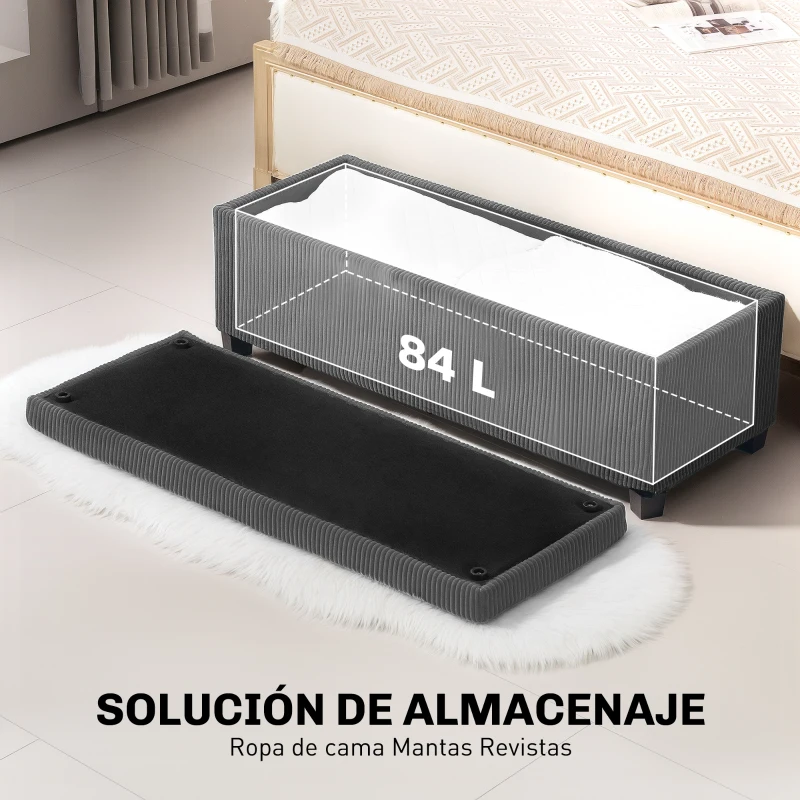 HOMCOM Banco Almacenaje Capacidad de 84 L 112x42x40 cm Tapizado en Pana Pie de Cama para Sala de Estar Dormitorio Gris