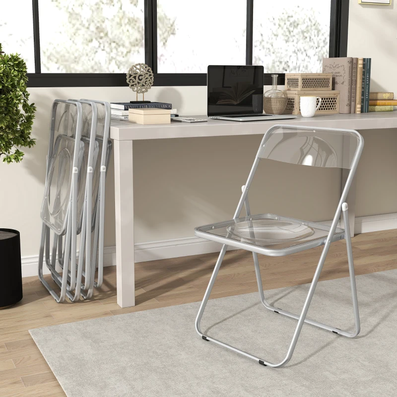 HOMCOM Set 4 Sillas Plegables que Ahorran Espacio para Sala de Estar y Eventos, Acero y Acrílico, Transparente