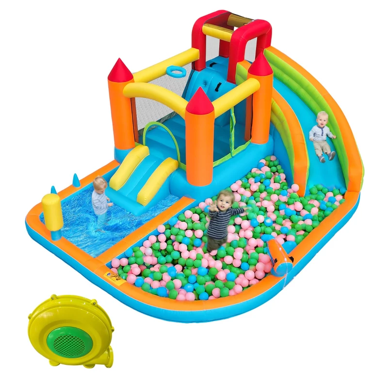 Château gonflable multifonctionnel avec toboggan aquatique, trampoline, panier de basket et pistolet à eau, pour utilisation sèche et humide, 460x343x190 cm, Orange