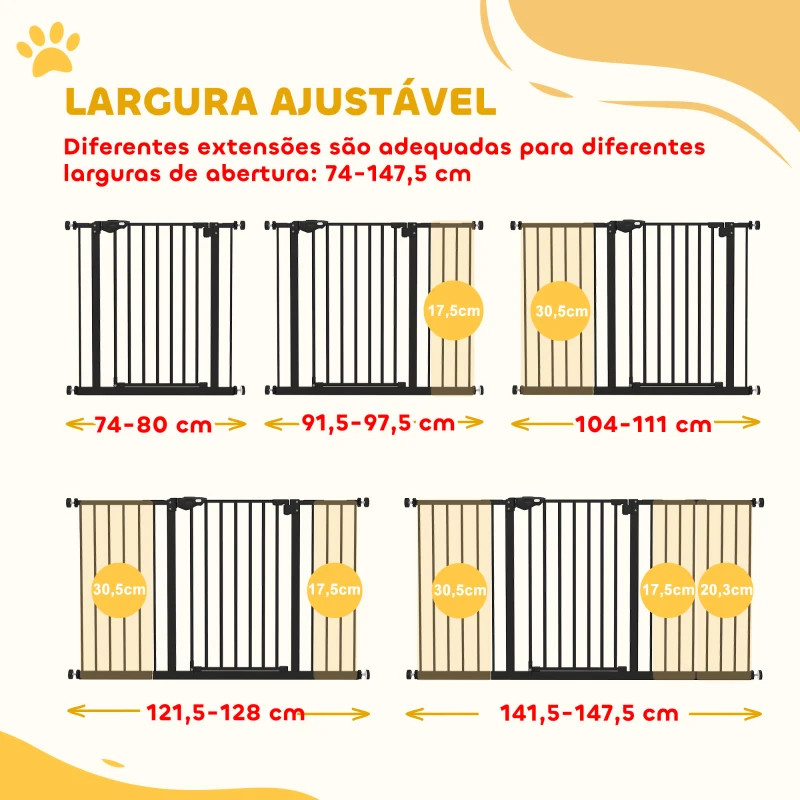 PawHut Barreira de Segurança Extensível para Portas e Escadas com Fechamento Automático e Sistema de Duplo Bloqueio 74-147,5x76,2 cm Preto