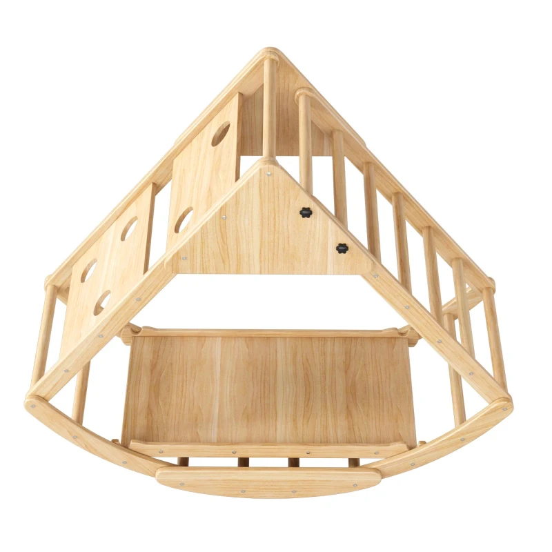 Structure d'escalade multifonctionnelle 8-en-1 en bois, Transformations de formes polyvalentes, avec toboggan, module d'escalade, bateau à bascule et tente, 140x58x142 cm, Couleur naturelle(m-12)