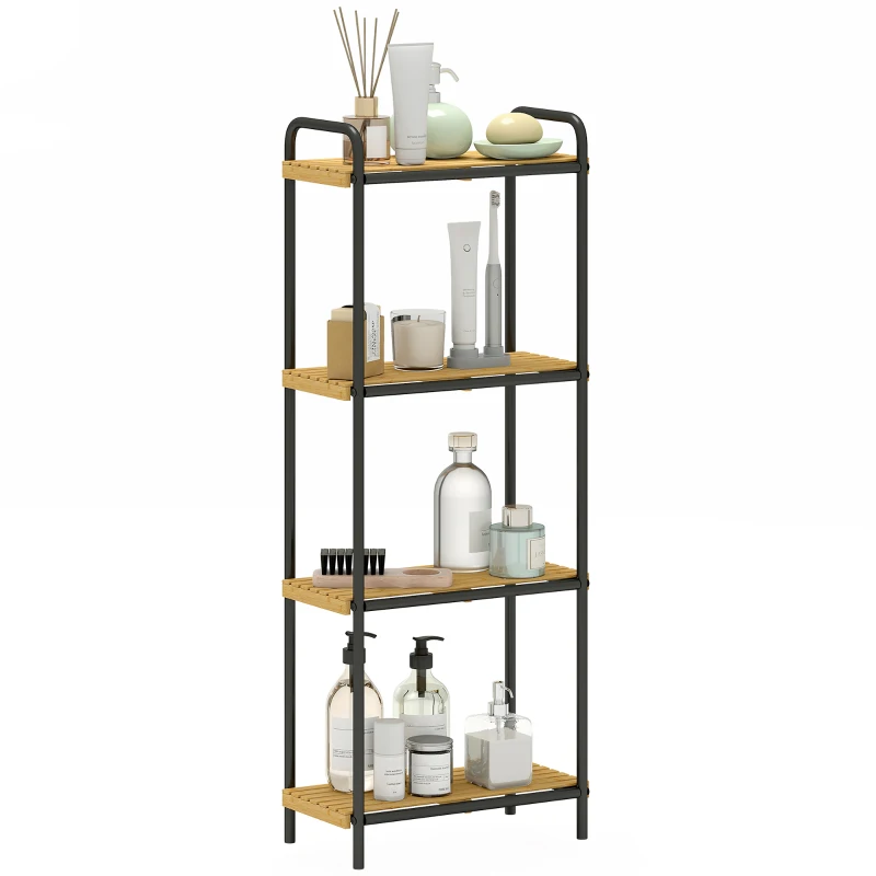 HOMCOM Mensola da Bagno in Bambù con 4 Ripiani Aperti Design a Listelli e Struttura in Acciaio 41,5x21,5x106 cm Naturale