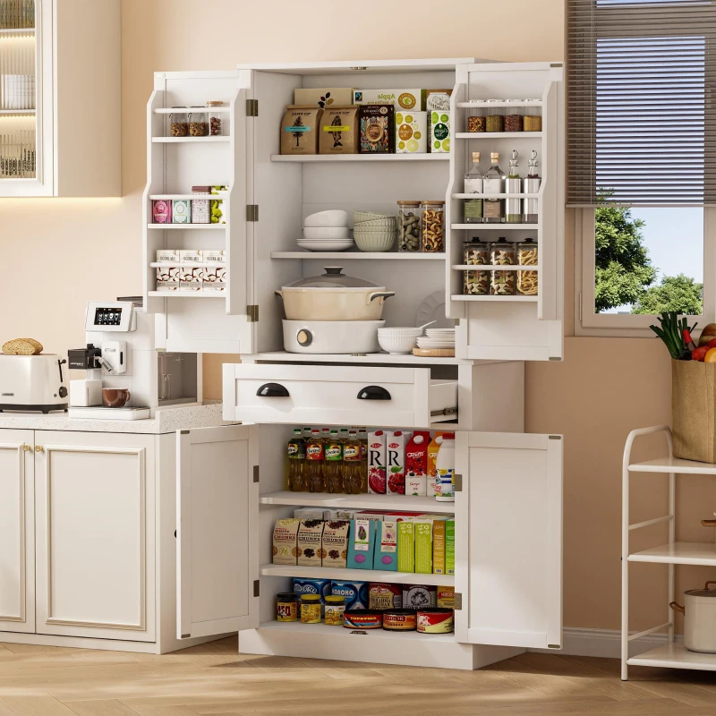 Armoire de rangement moderne, 4 portes et 1 tiroir, 6 compartiments de rangement et 4 étagères réglables, adaptée pour la cuisine, la salle à manger et le salon, 80x40x182 cm, Blanc