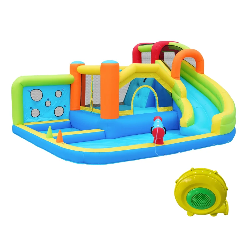 Chateau gonflable avec soufflerie, parc aquatique multifonctionnel et parc de trampolines pour enfants avec toboggan aquatique, panier de basket et mur d'escalade, 410x315x203 cm, Bleu