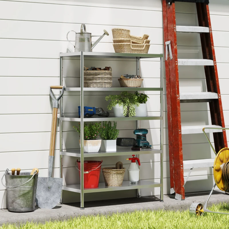 HOMCOM Estante de Cocina de 5 Niveles Ajustables en 13 Alturas Diferentes, en Acero Inoxidable, 91x40x139 cm, Plata