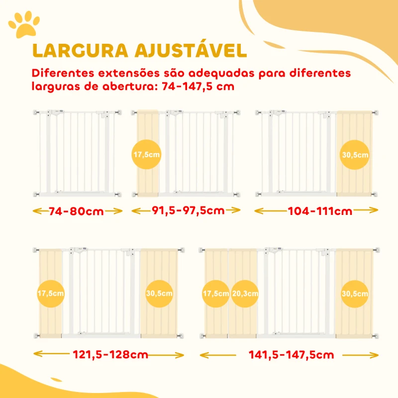 PawHut Barreira de Segurança Extensível para Portas e Escadas com Fechamento Automático e Sistema de Duplo Bloqueio 74-147,5x76,2 cm Branco