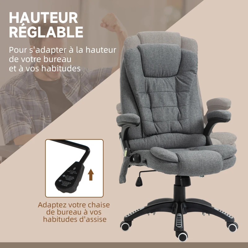 Vinsetto Fauteuil de bureau massant et chauffant, chaise de bureau, chaise ergonomique avec hauteur réglable, dossier inclinable et télécommande filaire, pivotant à 360° tissu en polyester gris chiné
