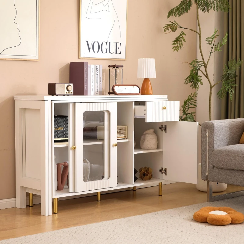 Buffet moderne avec plateau rabattable, surface pivotante, pieds en métal doré et portes coulissantes en verre, 116x40x78,5 cm, Blanc