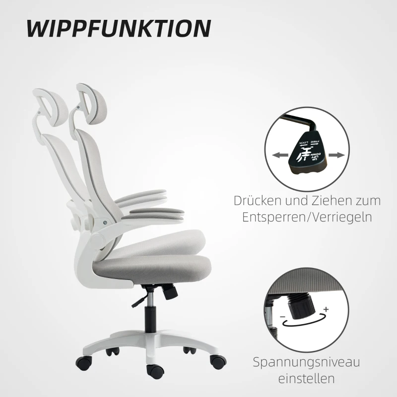 HOMCOM Ergonomische bureaustoel met mesh rugleuning, hoogte verstelbaar, klaparmleuningen, 5 wielen, kantelfunctie, Grijs(m-7)