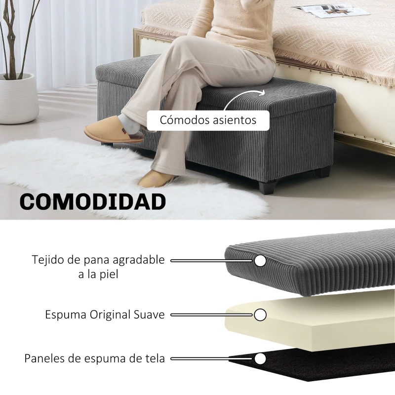 HOMCOM Banco Almacenaje Capacidad de 84 L 112x42x40 cm Tapizado en Pana Pie de Cama para Sala de Estar Dormitorio Gris