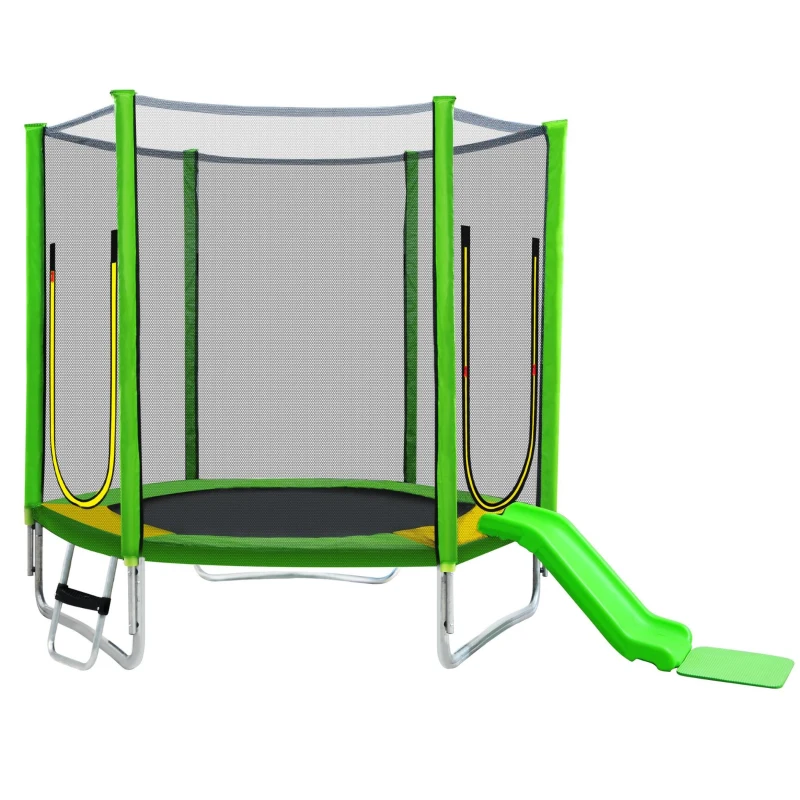 Trampolín Infantil para Exteriores Ø213 cm con Tobogán, Escalera, Red, Doble Puerta y Barras Acolchadas, Verde