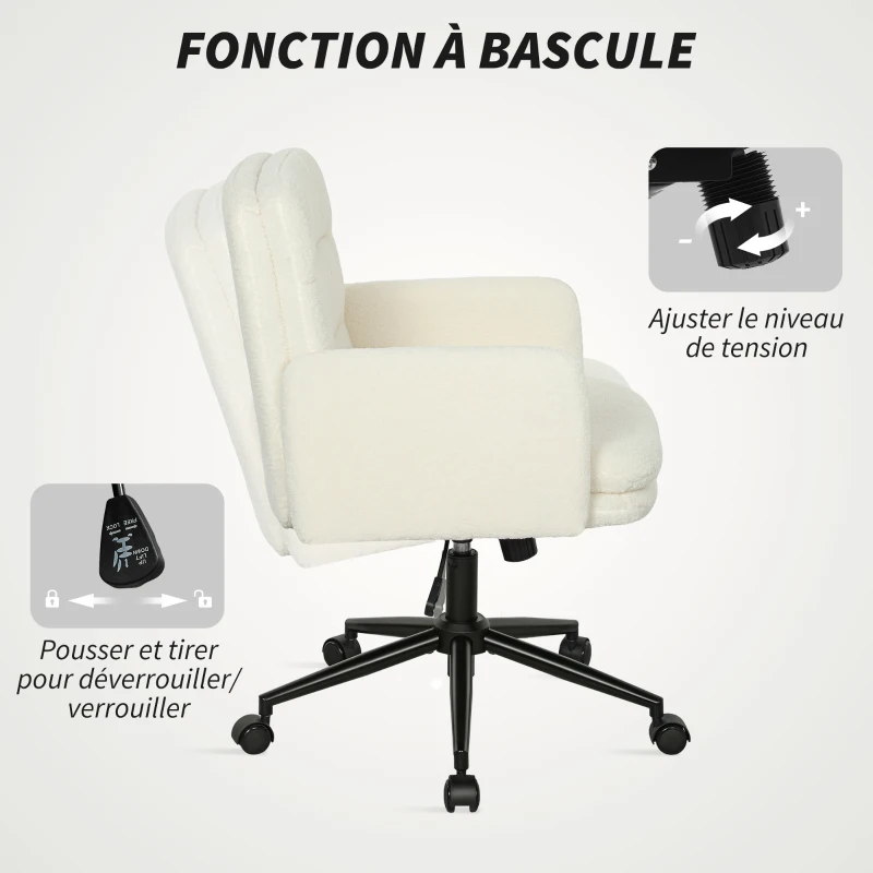 HOMCOM Chaise de bureau, fauteuil de bureau pivotante avec hauteur réglable, fonction de bascule, 61,5 x 65 x 91-101 cm, crème