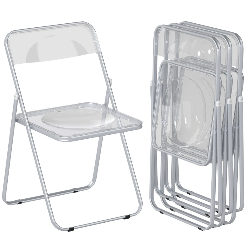 HOMCOM Set 4 Sillas Plegables que Ahorran Espacio para Sala de Estar y Eventos, Acero y Acrílico, Transparente