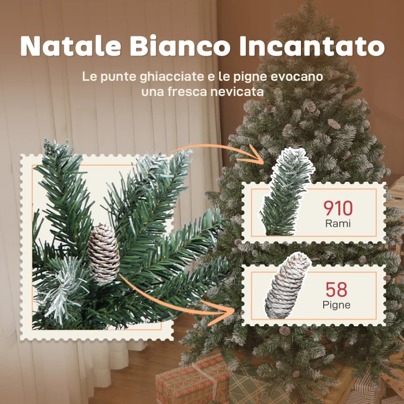HOMCOM Albero di Natale Innevato Alto 180 cm con 910 Rami e Pigne, Base in Metallo Pieghevole, Verde