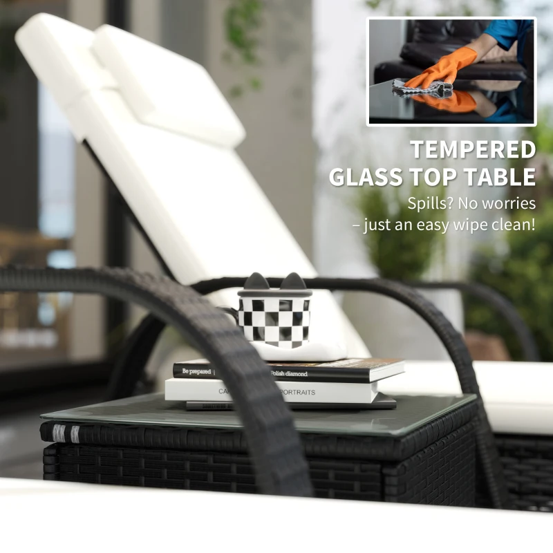 Outsunny 2 Seater Rattan Sun Lounger Set with Side Table Black