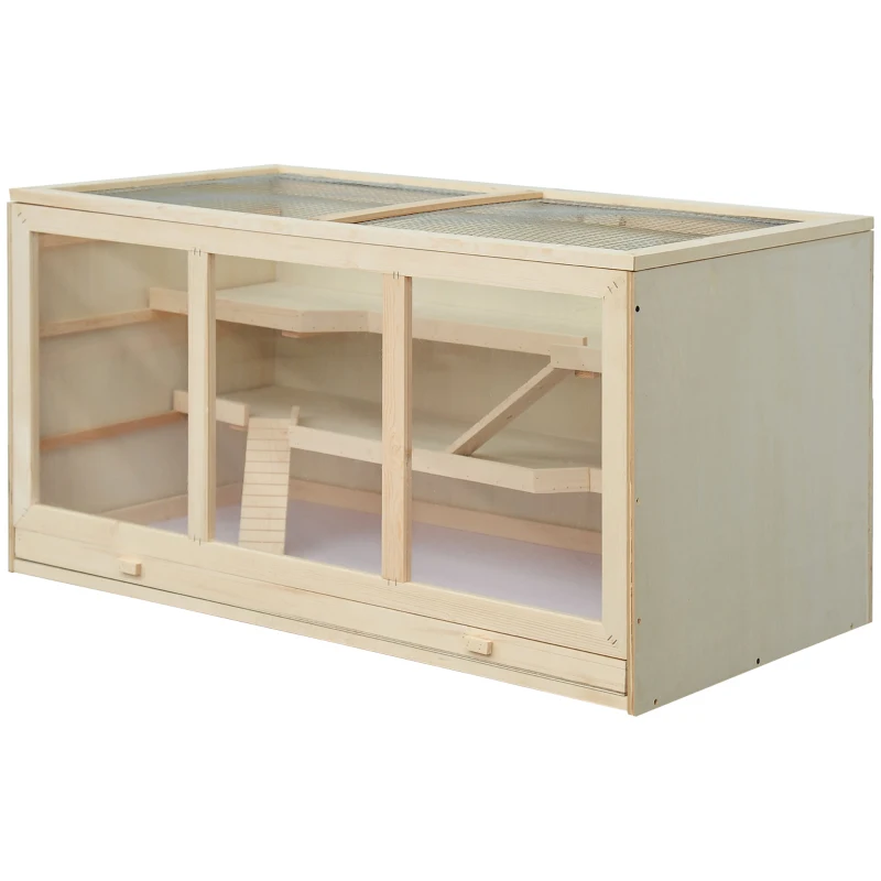 PawHut hamsterkooi, knaagdierenkooi, muizenkooi met trappetjes, drie verdiepingen massief hout PVC naturel(m-13)
