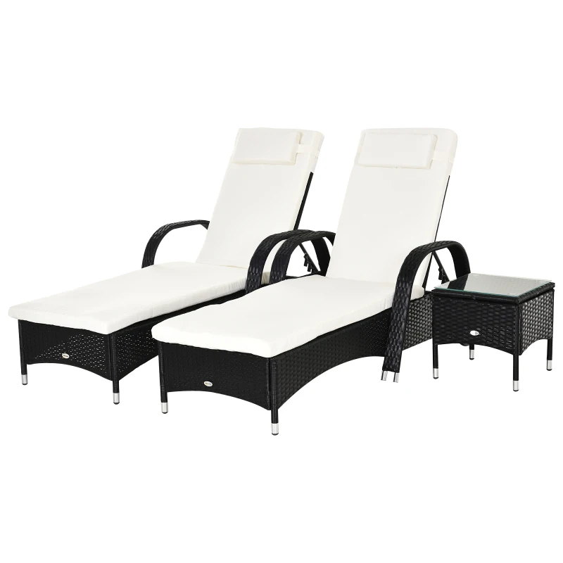 Outsunny 2 Seater Rattan Sun Lounger Set with Side Table Black