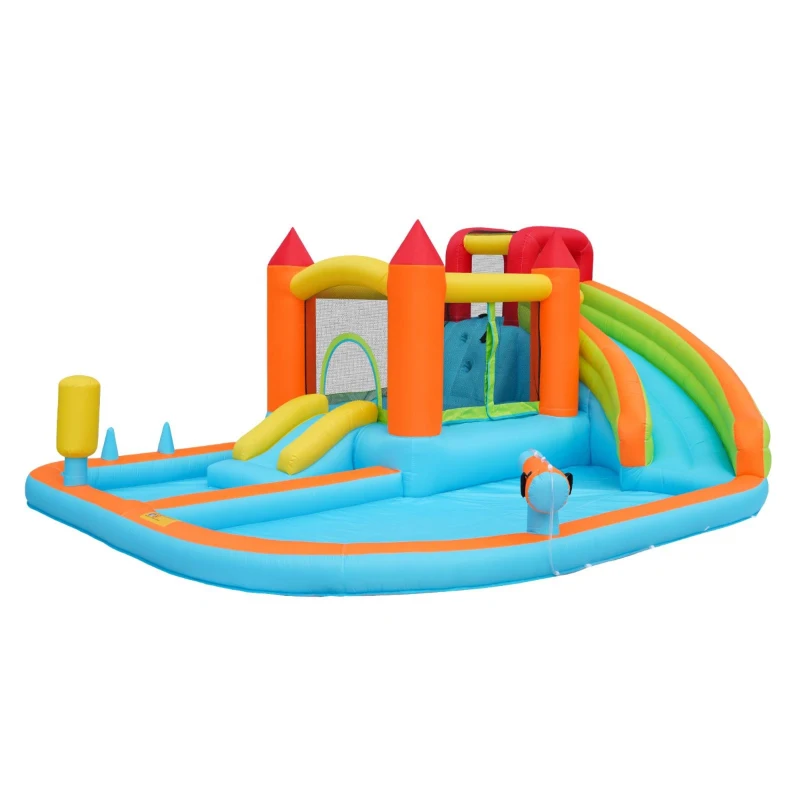 Castillo Hinchable Multifuncional con Tobogán de Agua, Trampolín, Aro de Baloncesto y Pistola de Agua, para Uso en Seco y Mojado, 460x343x190 cm, Naranja