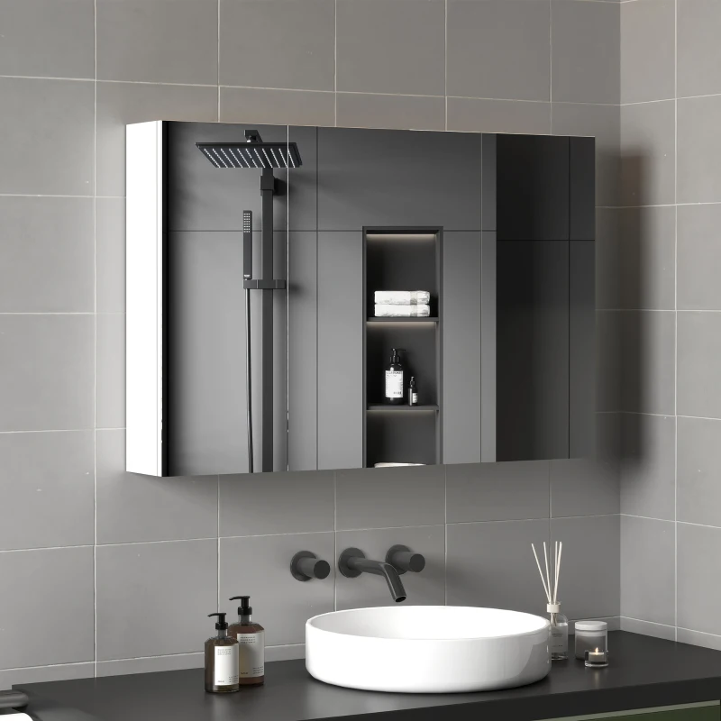 kleankin Armadietto Pensile Bagno con 3 Ante a Specchio e Ripiani Regolabili in Legno 90x13.5x60 cm, Bianco