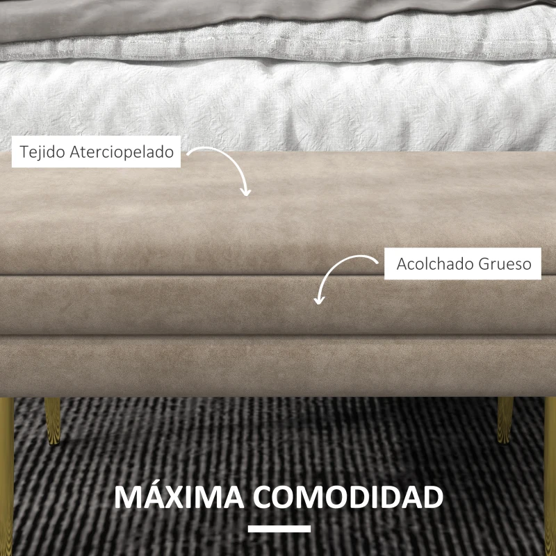 HOMCOM Banco de Almacenaje para Dormitorio 30L Tapizado en Terciopelo Pie de Cama con Patas de Acero 79,5x37,5x43 cm Beige