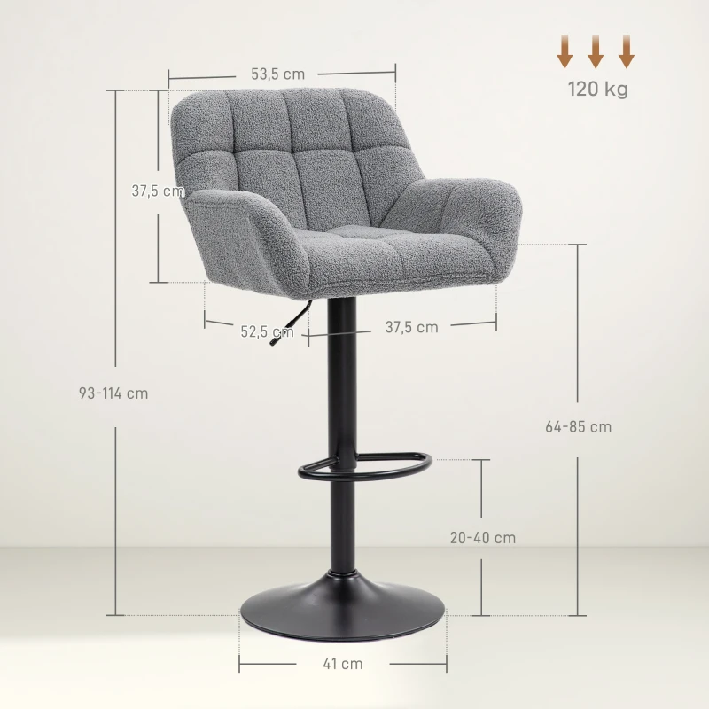 HOMCOM Taburetes de Bar 2 Piezas Diseño Retro Ajustable en Altura Tela con Aspecto de Terciopelo Gris + Negro