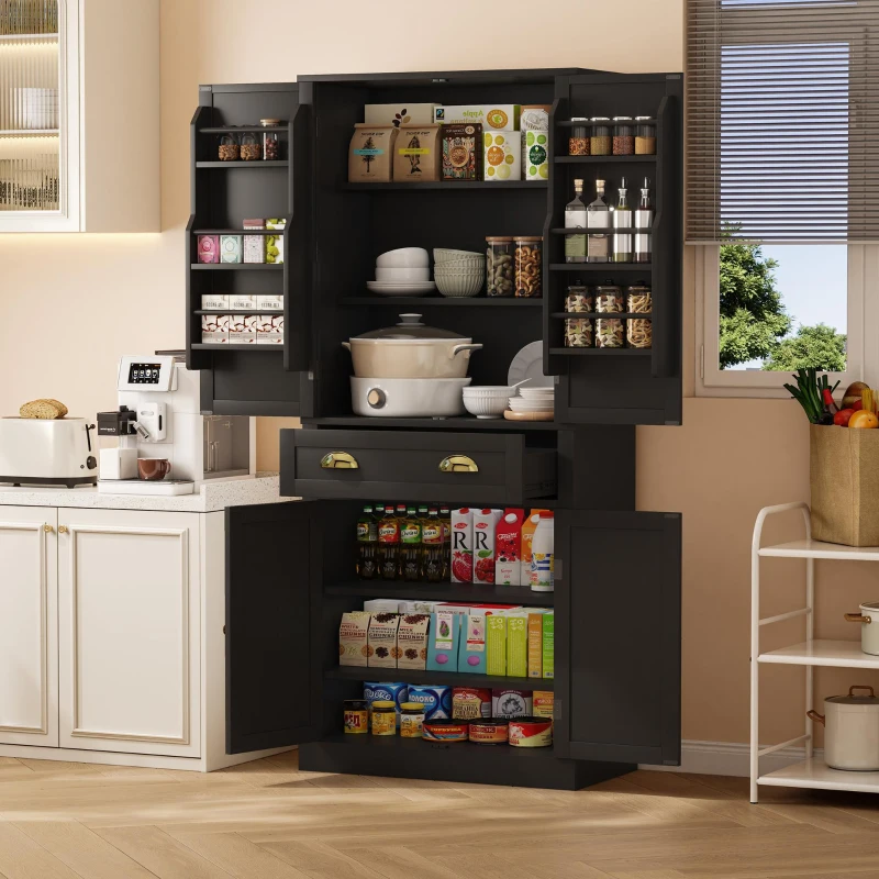 Armoire de rangement moderne, 4 portes et 1 tiroir, 6 compartiments de rangement et 4 étagères réglables, adaptée pour la cuisine, la salle à manger et le salon, 80x40x182 cm, Noir