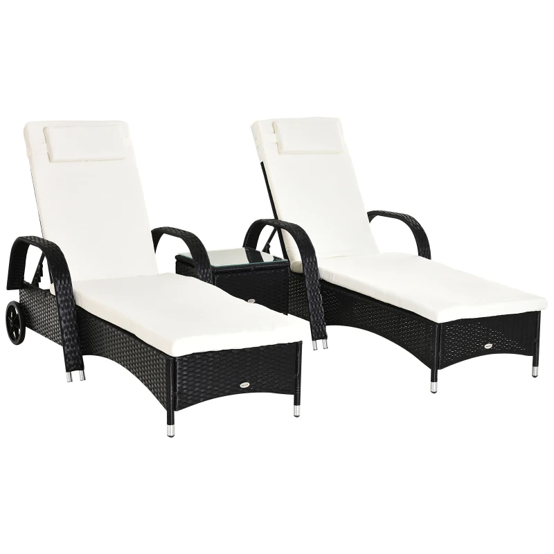 Outsunny 2 Seater Rattan Sun Lounger Set with Side Table Black